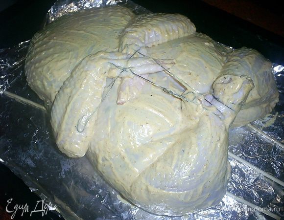 Ножки и крылышки связываем грубой ниткой, придавая им нужное положение.
Смешиваем сухую приправу со сметаной. Полученной кашицей щедро натираем курицу