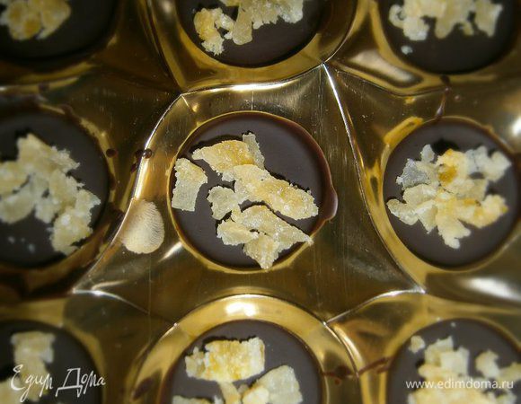 Черный шоколад растопить на водяной бане. Залить в формочки до половины и поставить в морозильник на 5 минут. Затем сверху положить нарезанные цукаты из фенхеля...