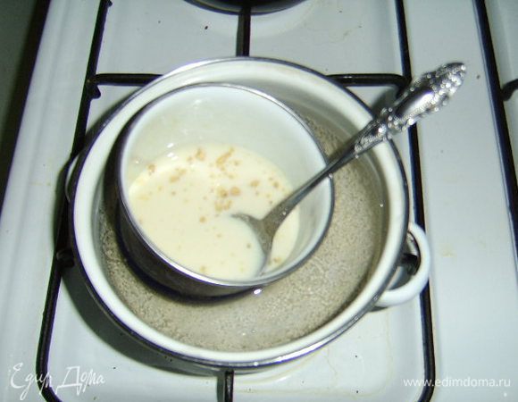 Желатин замочить в 100 мл холодного молока и поставить на водяную баню до растворения.