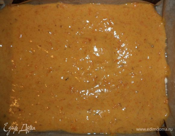 Прямоугольную форму для выпечки выстелить бумагой, смазать маслом и припылить мукой. Вылить тесто. 
Выпекать при температуре 180 градусов 15 минут.