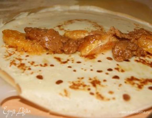 Начинку выложить на блинчик.