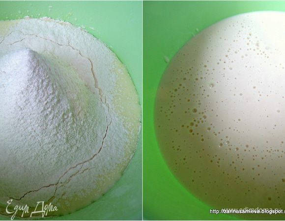 Муку просеять, замесить тесто. Тесто очень хорошо взбить, чем лучше его взбить, тем вкуснее будут блины. Я взбивала тесто блендером, и от этого оно стало шелковистым, а блины после выпечки становятся бархатными.
Оставить тесто на час «отдохнуть», накрыв его салфеткой.