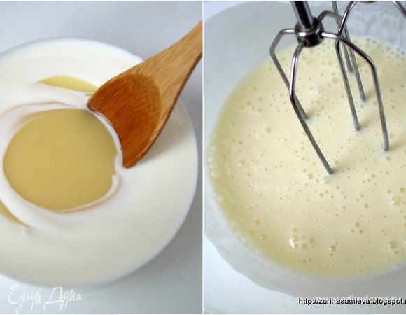 Для соуса: Из четверти лимона натереть цедру и выжать сок.
Соединить сметану и сгущенное молоко. Вбить миксером, вливая тонкой струйкой лимонный сок.
