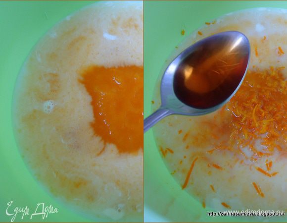 В другой чаше смешать молоко с тыквенным пюре, добавить цедру, соль, соду и апельсиновый ликер. Все перемешать.
 