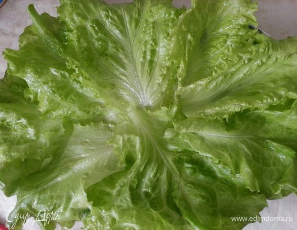 Подготавливаем салатные листья для подачи: промываем и просушиваем их. 