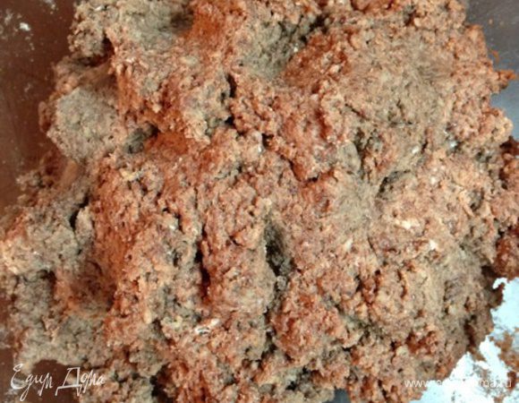 Итак, смешиваем сухую кашу, сахар, молотые овсяные хлопья, какао, ванилин и разрыхлитель. Добавляем кефир и размягченное масло. Все тщательно перемешиваем. И дадим пару минут постоять - набухнуть. Должна получится масса, которая легко лепится.