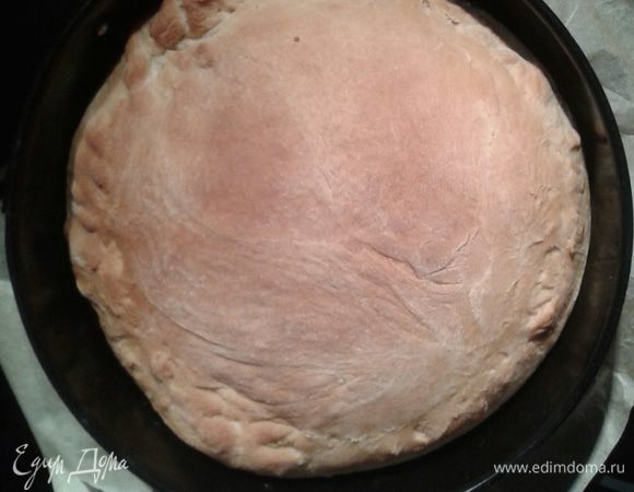 Когда объем теста увеличится в 2 раза, выложите его на слегка присыпанную мукой поверхность. Разделите на 2 части: одна из них должна быть чуть больше. Мягкой частью ладони разомните тесто, или раскатайте скалкой пласт в 1 см толщиной. Тесто выложите в форму, сформируйте бортики. Положите начинку. Сверху накройте второй частью теста, защипните края.