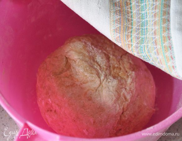Дрожжи покрошить и залить водой на 30 минут. Смешать масло с солью и сахаром. Влить дрожжи. Всыпать просеянную муку. (Возможно муки потребуется чуть больше, чем указано в рецепте, т.к. я сыпала "на глазок"). Хорошо смешать. Скатать в шар. Положить в миску и накрыть полотенцем.