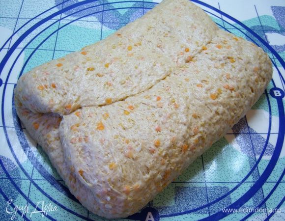 Еще дважды сложить тесто.
Теперь лучше положить тесто на противень, накрытый бумагой для выпечки. Посыпать мукой, накрыть полотенцем, оставить в теплом месте на 2 ч. Я оставила тесто на столе, оно так поднялось! Просто невесомое было! Когда стала перекладывать его на противень, оно осело. Так что хлебушку лучше подходить прямо на противне!
