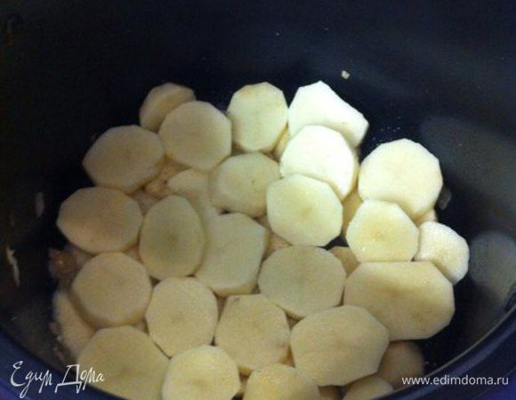 Затем закладываем в мультиварку картофель, каждый слой я пересыпала солью и перцем.