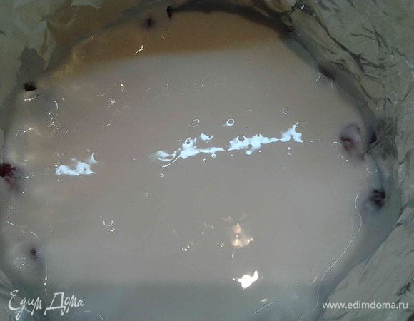 Вылить ее в форму, чтобы закрыть ягоды. Поставить торт в холодильник на 1 час, чтобы застыл.