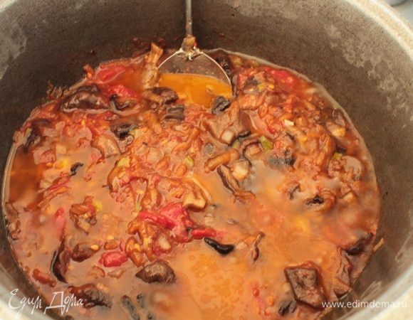 Добавить томаты вместе с соком,помешивая, тушить на небольшом огне 10-15 минут,жидкость должна испариться наполовину.