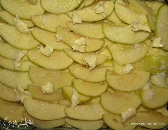 Выложить тесто. Приминать тесто не надо. Сверху разложить яблоки, которые отложили. Сверху на яблоки разложить кусочки масла и посыпать сахаром. Отправить в заранее разогретую духовку 180 градусов и выпекать 40 минут. (но все зависит от вашей духовки. Моему пирогу не хватило 40 минут. Выпекала 60 минут и корочку делала под режимом гриль).  
