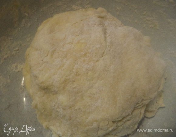 Муку просеять, перемешать с разрыхлителем. Охлаждённое сливочное масло натереть на крупной тёрке, порубить ножом с мукой в крошку.
Добавить взбитые яйца и сметану, перемешать и замесить мягкое тесто.
Тесто на 2 часа положить в холодильник.




