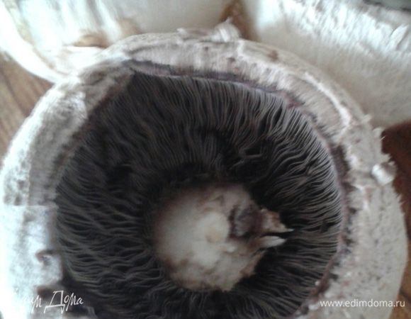 Выбрать шампиньоны с большими шляпками, верхнюю кожицу удалить, ножку убрать, изнутри протереть бумажным полотенцем.