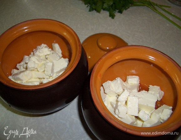 В глиняный горшочек положить половину обжаренных овощей, сверху слой брынзы, порезанной кубиками и оставшиеся овощи. Булочку размочить в молоке и покрошить в горшочек. Все перемешать и поставить в разогретую духовку на средний огонь минут на 15. Готовое блюдо посыпать зеленью петрушки.