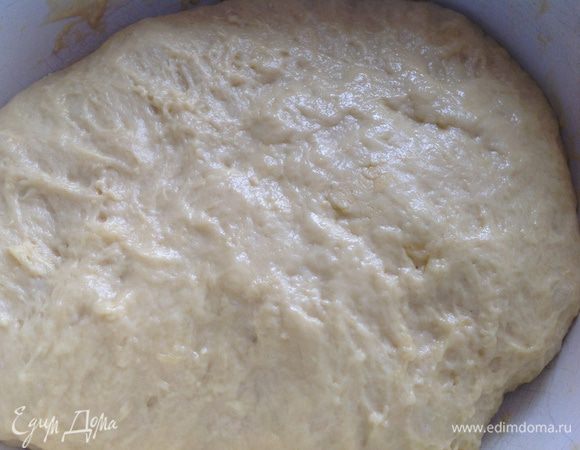 Добавить растительное масло и остальную муку, вымесить тесто 10 минут. Накрыть и поставить в теплое место на 1,5 часа.