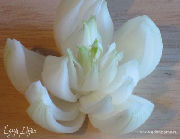 Снова надрезать  два слоя, смещая надрезы в шахматном порядке. Лепестки первого надрезанного слоя аккуратно отогнуть, следующие - удалить. Дойти до середины луковицы.