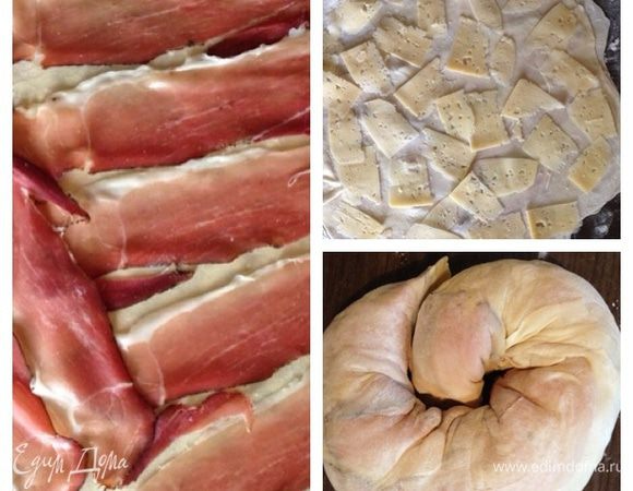 Тем временем приготовим второй рулет. Его мы пожарим.
Технология та же, только маслом не смазываем и укладываем слои, чередуя начинки. Бекон.Потом сыр.И сворачиваем в улитку. Теперь нам осталось только выложить рулет на раскаленную смазанную маслом сковороду. Жарим его под крышкой на среднем огне (смотрите, чтобы не подгорел!) минут 20 до образования корочки, затем переворачиваем и обжариваем вторую сторону еще минут 20.