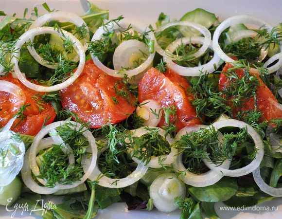 Выложить порезанный тонкими кружками лук. Посыпать мелкопорезанным укропом. Полить маслом.