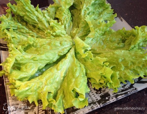 Салат разберите на листья, вымойте, обсушите бумажным полотенцем и выложите на блюдо.