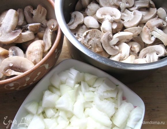 Приготовить начинку. Грибы порезать пластинками,  репчатый лук почистить, нарезать средними кусочками. 