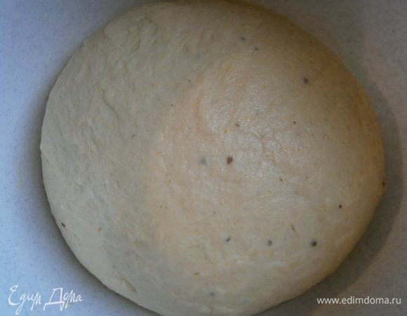 Оставшуюся муку просеять на стол, выложить тесто и хорошо вымесить руками. Месить 15 минут. Смызывая руки кукурузным маслом.
Тесто скатать в колобок, выложить в смазанную маслом миску, накрыть плёнкой и оставить на 2 часа для подхода. За это время тесто нужно 1 раз обмять в середине подхода.