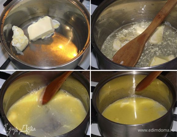 Духовку разогреваем до 180-200 градусов. В кастрюльке соединить 250 мл воды, 100 гр сливочного масла и щепотку соли. На среднем огне довести массу до кипения.