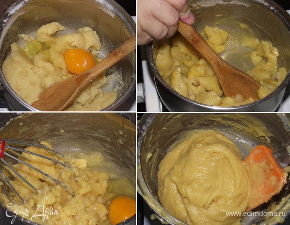 Дать массе немного остыть примерно до 70 градусов, а затем начинаем вводить по одному яйца. Количество яиц зависит от размера и плотности, смотрите по густоте теста. Оно не должно стекать с ложки как сметана, но и не должно быть слишком густым. В моем случае достаточно было 3 -х крупных яиц.