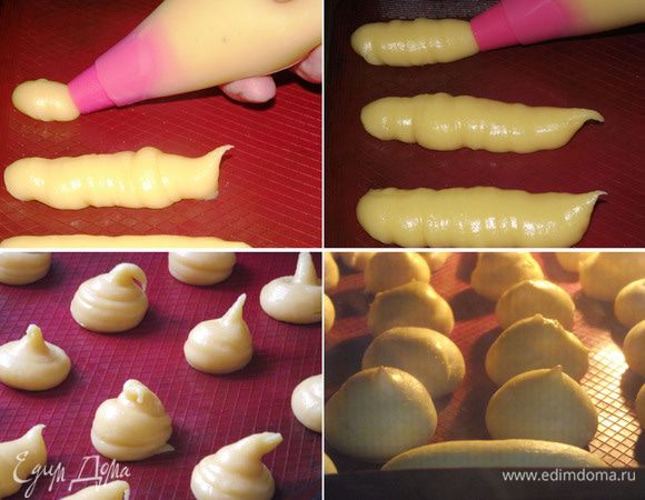 Тесто отправляем в кондитерский мешок или пакет, сделав в нем надрез, и выдавливаем на пергаментную бумагу или силиконовый коврик. Выпекаем от 15 до 30 минут, что зависит от духовки, температуры и размера эклеров. Духовку не открываем!