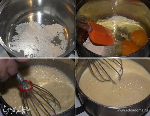 Остудить эклеры на решетке. В глубокой миске прогреть муку до слегка кремового цвета, дать немного остыть, соединить 4 желтка, 1 стакан сахара, ванильный сахар и перемешать венчиком. Молоко вскипятить на медленном огне. В желтки влить теплое молоко, постоянно их помешивая венчиком или лопаткой, после чего поставить смесь на средний огонь и довести до кипения.