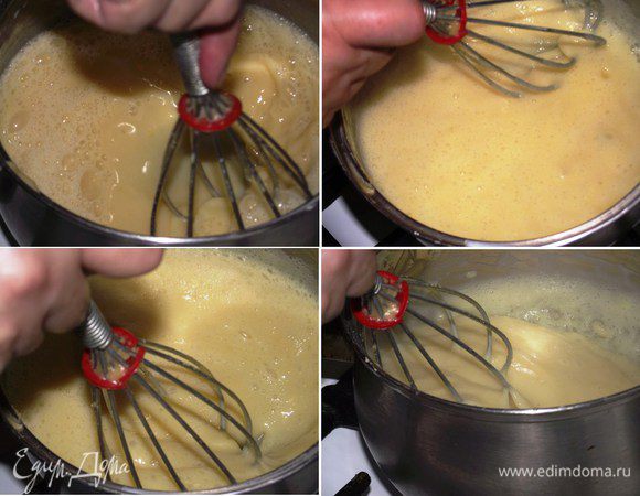Уменьшаем огонь на самый слабый и провариваем крем до 10 минут — до загустения. Будьте бдительны и не оставляйте крем без присмотра, он густеет на глазах!

Снять кастрюлю с огня и оставить остывать до комнатной температуры (для ускорения процесса можно поставить кастрюлю с кремом в миску с холодной водой). Крем должен быть гладкой и блестящей консистенции. В крем можно добавить апельсиновый ликер, коньяк, ароматизированные эссенции…