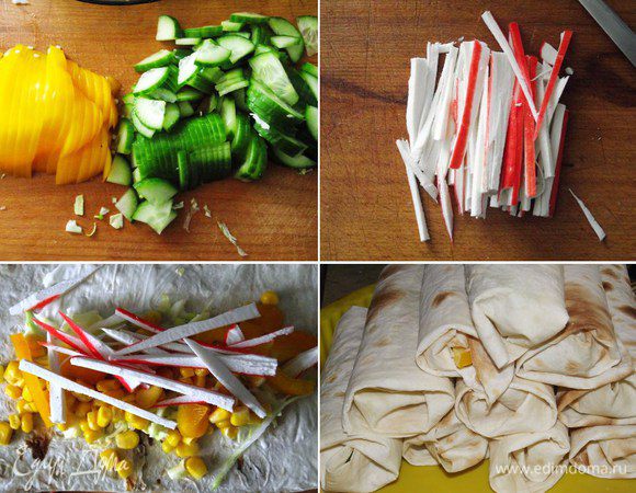 Лаваш с овощами и крабовыми палочками. 
Нарезаем овощи соломкой, крабовые палочки тонкими полосками. Травку промыть и просушить. Лаваш разрезаем на 4 части. Сбрызнуть оливковым или растительным маслом, выложить овощи слоями, добавить немного кукурузы, соль и перец по вкусу, травку, а в конце несколько капель масла и сока лимона. Завернуть плотно в рулет и поставить в форму.