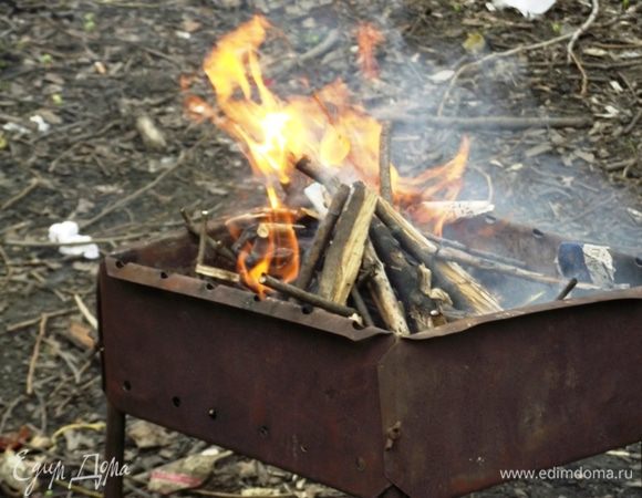 Разложить мангал, грани понадобится немного, поэтому можно воспользоваться углями.