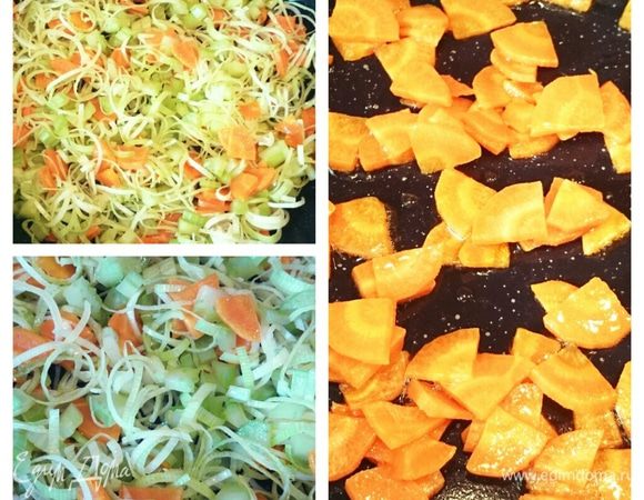 Обжарить морковь 2-3 минуты, затем добавить лку-порей и сельдерей. Пассеровать 10 минут. В кастрюлю налить 2 литра воды и довести до кипения, добавить овощи.