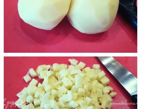 Картофель нарезать кубиками.