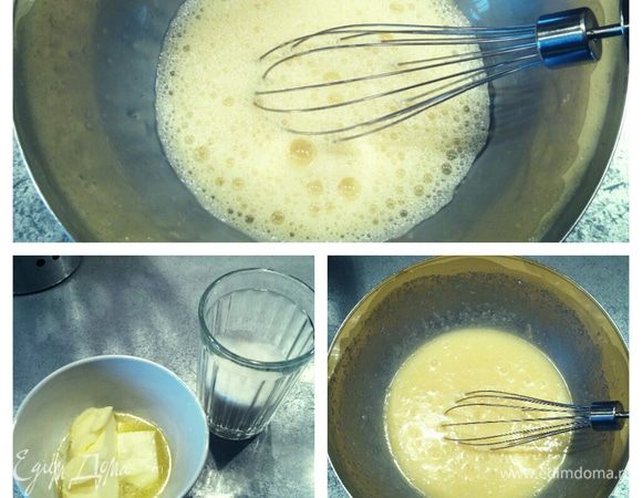 Яйца взбить, добавить масло и сахар, перемешать. 