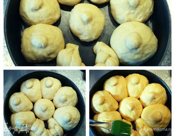 Разрезать тесто на восемь равных частей. Сформировать шарики и выложить в форму. Оставить на 20 минут для подъема. Когда булочки подойдут, смазать их желтком. 
