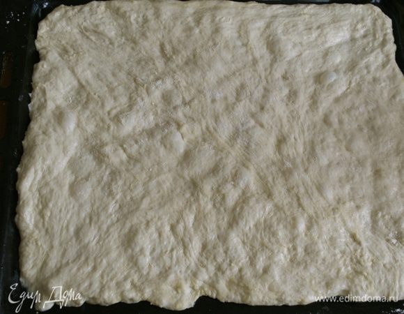 По истечение указанного времени, подошедшее тесто выложить на припыленный стол мукой и раскатать в пласт размером 30 Х 40 см (по размеру противня). У меня на этот раз тесто получилось немного более мягким, чем обычно. И мне сложно было его раскатать, не добавляя дополнительно муки... Мне не захотелось "забивать" тесто мукой. Просто оно получилось такой воздушное, "живое"... Поэтому я просто без проблем выложила его на противень и руками распределила по всей поверхности, не прибегая к помощи скалки. Толщина теста 0,5 см.    