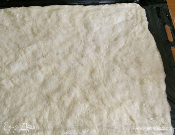 Раскатанное по противню тесто накрыть пленкой и убрать в спокойное место еще на 30 минут. 