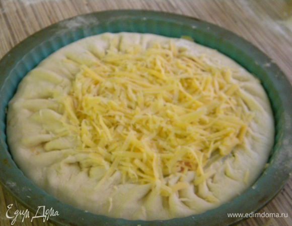 Сметану с яйцами и солью перемешиваем и заливаем сверху, защипываем края теста, а остальное засыпаем сыром, смазываем яичным желтком и в духовку на 30-40 мин.