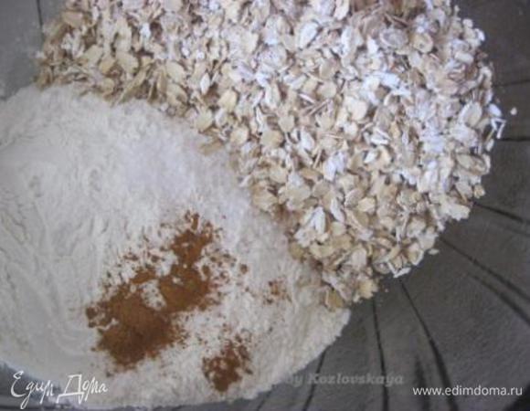 Просеять муку, добавить соду, соль, корицу, ванилин, овсянку и перемешать. 