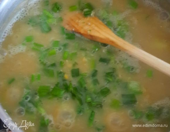 Закинули картофель  в суп. Когда картофель стала мягкой закидываем лук. Я взяла зеленый... другого не было))) 

