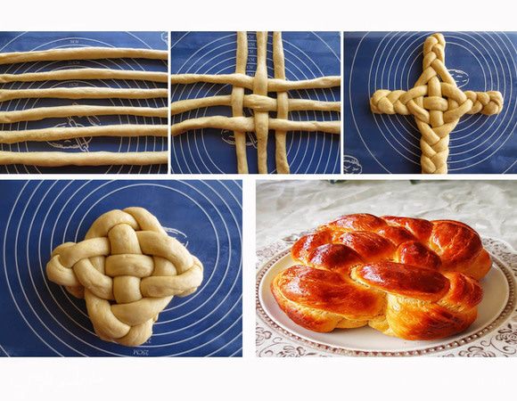 Сформировать 6 жгутов. Положить по 3 жгута крест на крест друг другу, опять пропуская под и над, как в предыдущем примере.
Затем из каждой тройки жгутов сплести 4 косички и концы косичек завернуть вниз.