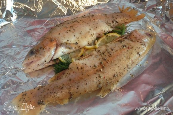 В брюшко рыбы положите порезанный кружочками лимон и веточки укропа, за верните в фольгу и запекайте в духовке при 160 градусах примерно 45 минут.