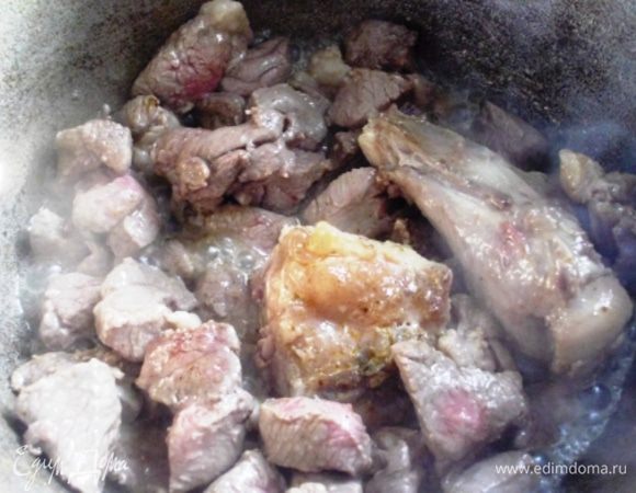 Накалить казан на огне, налить в него масло, прогреть его как следует, выложить мясо и обжаривать постоянно помешивая.
