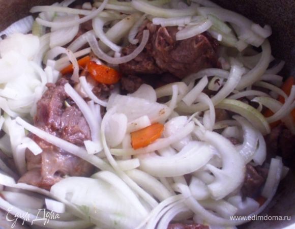 Теперь можно добавить лук, соль, перец, специи. Я использовала готовую приправу для баранины, в её составе: кориандр, чеснок, семена горчицы, черный перец, красный перец, паприка и розмарин. Ароматы…
