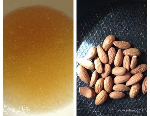 Для начала столовую ложку (без горки) желатина зальем 0,25 ст. холодной воды и оставим набухать. Миндаль подсушим на сковороде и порубим (не мелко).