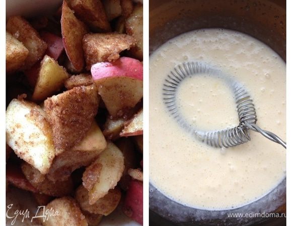 Стакан у меня 250 мл., форма диаметром 21 см.
Подготовим начинку. Из яблок удалим сердцевину (я кладу с кожурой) и нарежем произвольными кусочками, не мельчим. Соединим их с корицей и 2 столовыми ложками сахара.
Теперь тесто. Соединим взбитое яйцо, сметану, растопленное масло (маргарин), оставшийся сахар (1 ст.л.) и гашеную уксусом соду. 