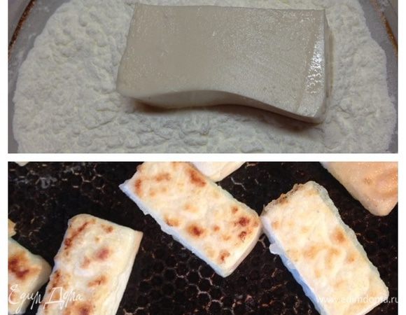 Обвалять брусочки тофу в крахмале и обжарить на смазанной маслом сковороде. Можно не обваливать и жарить без масла, но тогда не получается такой хрустящей корочки.